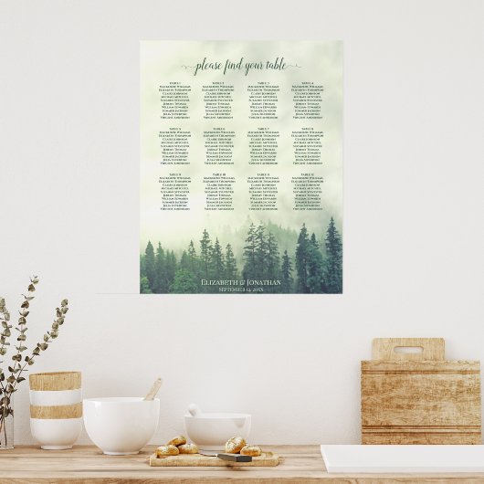 Foggy Green Forest 12 Table Wedding Seating Chart Poster (Küche)