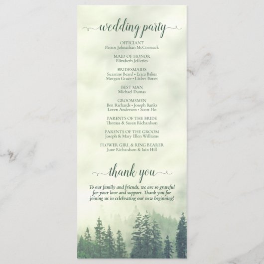 Foggy Green Mountain Pine Forest Rustikale Hochzei Programm (Rückseite)