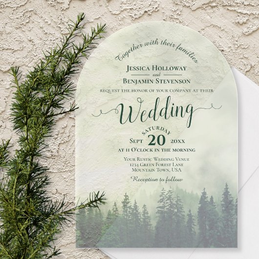 Foggy Green Mountain Pines Calligraphy Wedding Acryleinladungen
