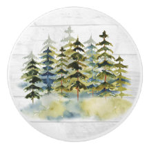 Foggy Green Pine Forest Watercolor White Wood