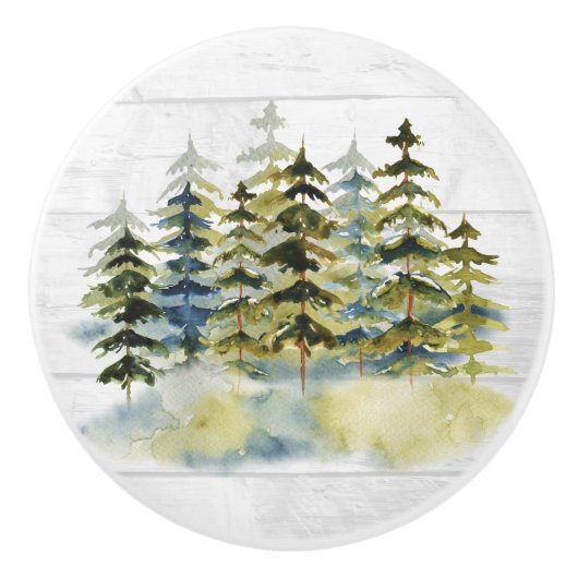 Foggy Green Pine Forest Watercolor White Wood Keramikknauf (Vorderseite)