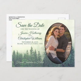 Foggy Green Pine Trees Oval Foto Save the Date Ankündigungspostkarte