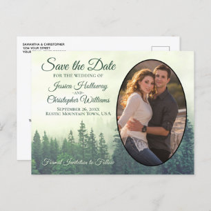 Foggy Green Pine Trees Oval Foto Save the Date Ankündigungspostkarte