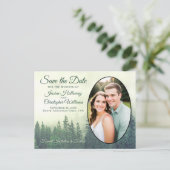 Foggy Green Pine Trees Oval Foto Save the Date Ankündigungspostkarte (Stehend Vorderseite)
