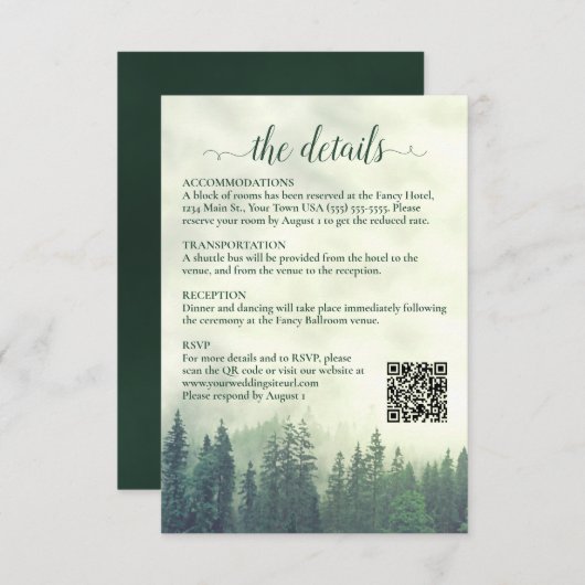 Foggy Green Pine Trees Wedding Details QR Code Begleitkarte (Vorne/Hinten)