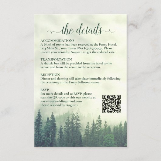Foggy Green Pine Trees Wedding Details QR Code Begleitkarte (Vorderseite)