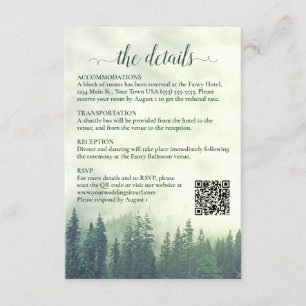 Foggy Green Pine Trees Wedding Details QR Code Begleitkarte