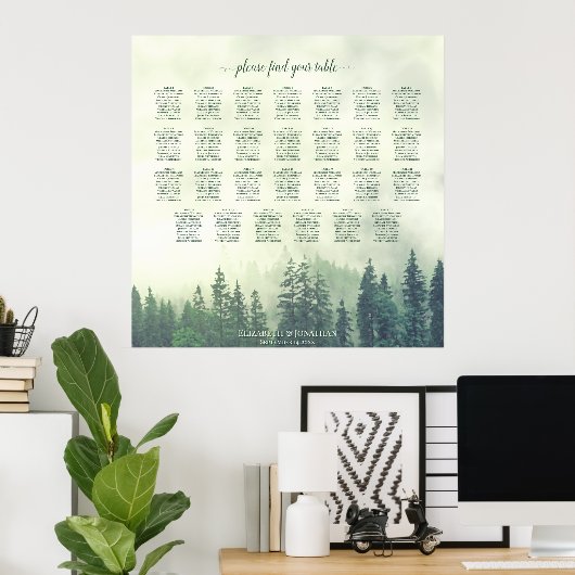Foggy Green Pines 27 Table Wedding Seating Chart Poster (Heimbüro)