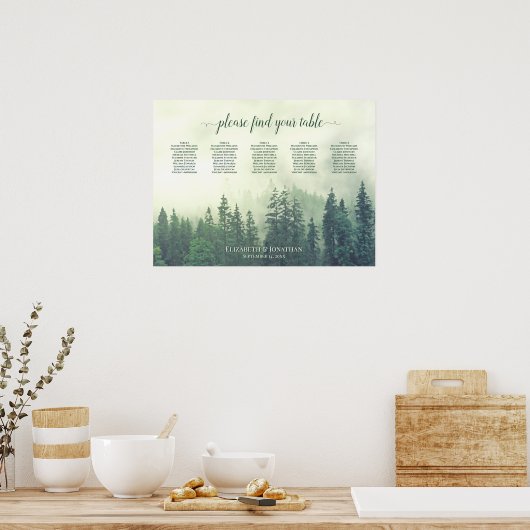 Foggy Green Pines 5 Table Wedding Chart Poster (Küche)