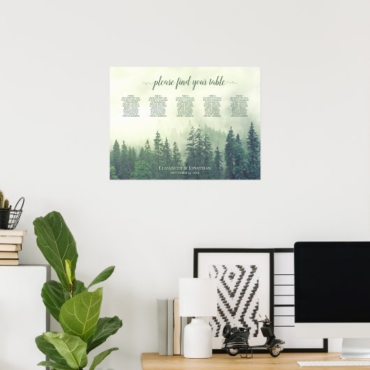 Foggy Green Pines 5 Table Wedding Chart Poster (Heimbüro)