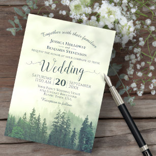 Foggy grüne Bergkiefern Rustikale Hochzeit im Frei Einladung