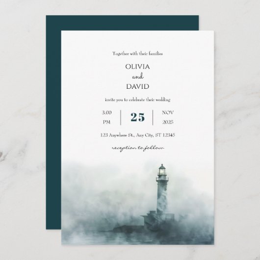Foggy Lighthouse Morning Watercolor Beach Hochzeit Einladung (Vorne/Hinten)