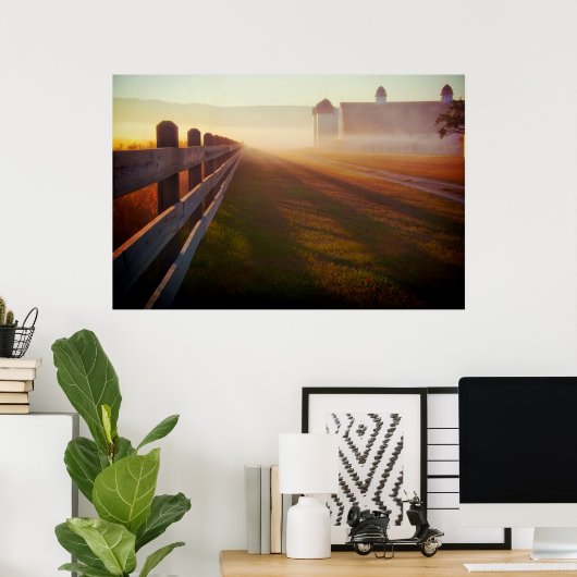 Foggy Morning Farm | Fence at Sunrise Poster (Heimbüro)