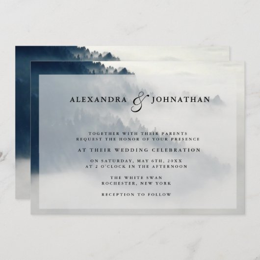 Foggy Mountain Range Hochzeit Einladung (Vorne/Hinten)