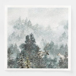 Foggy Mountain Snowy Woodland Forest Stag Deer Serviette