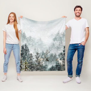 Foggy Mountain Woodland Forest Stag Deer Fleecedecke