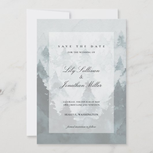 Foggy Mountains Sheer Overlay Ethereal Lux Hochzei Save The Date (Vorderseite)