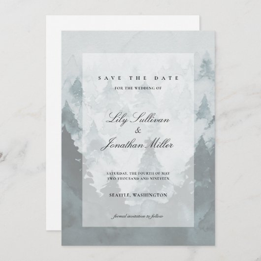 Foggy Mountains Sheer Overlay Ethereal Lux Hochzei Save The Date (Vorne/Hinten)