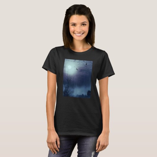 Foggy Nature Landschaft Vollmond und Fledermäuse T-Shirt (Vorne ganz)