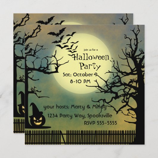 Foggy Night mit Jack o'lantern und Vollmond Einladung (Vorne/Hinten)