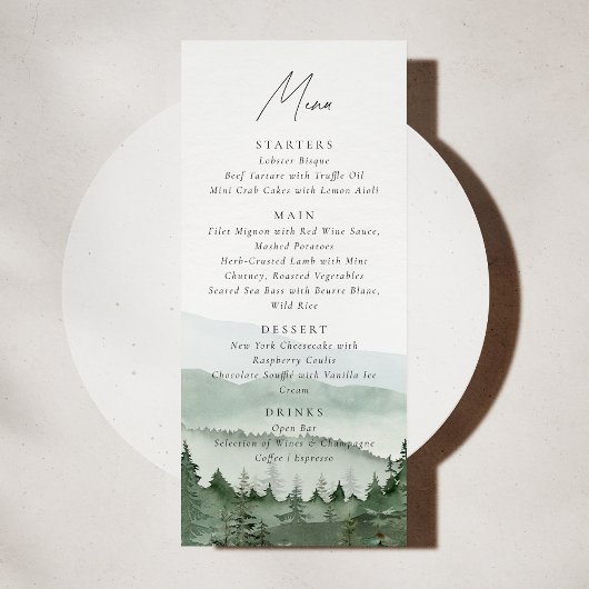 Foggy Pine Tree Mountain Wedding Menu Card Einladung