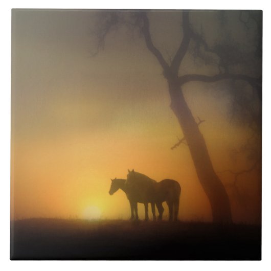 Foggy Sunrise Horses and Oaktree Fliese (Vorderseite)