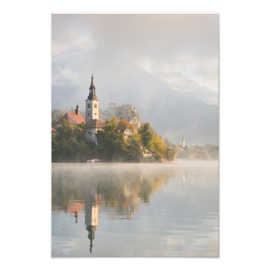 Foggy sunrise Lake Bled vertikaler Druck (Vorne)
