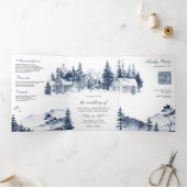 Foggy Winter Mountain Pine Forest QR Code Hochzeit Dreifach Gefaltete Einladung (Innenseite)