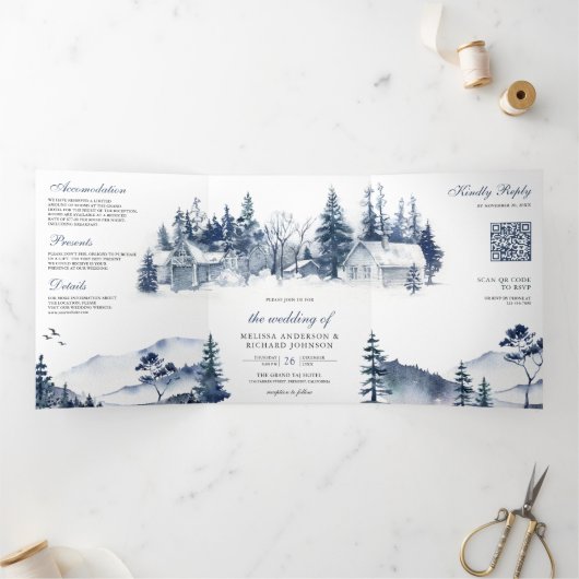 Foggy Winter Mountain Pine Forest QR Code Hochzeit Dreifach Gefaltete Einladung (Innenseite)
