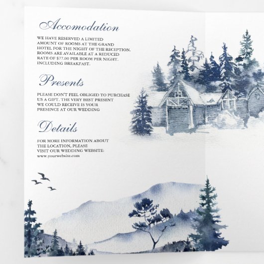 Foggy Winter Mountain Pine Forest QR Code Hochzeit Dreifach Gefaltete Einladung (Innen Erste Seite)