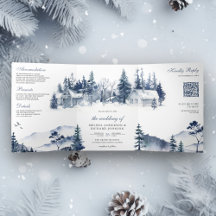 Foggy Winter Mountain Pine Forest QR Code Hochzeit