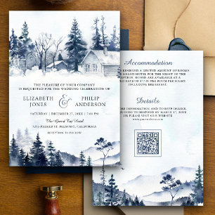 Foggy Winter Mountain Pine Forest QR Code Hochzeit Einladung