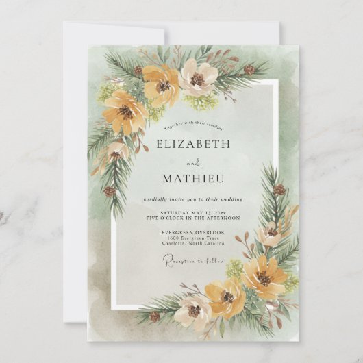 Föhren Grün Rustikale Winterhochzeit Einladung (Vorderseite)