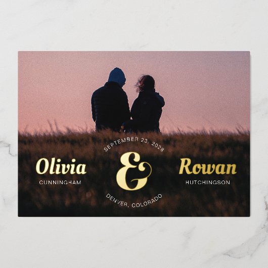 Foil Ampersand Briefmarke Full Foto Save the Date Folieneinladung (Vorderseite)