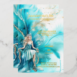 Foil Aquarellmärchen Prinzessin aquamarines Goldbl Folieneinladung