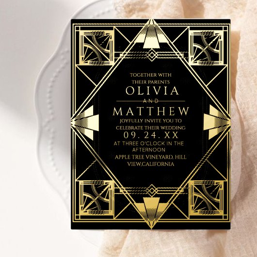 Foil Art Deco Moderne Schwarze Hochzeit Einladung
