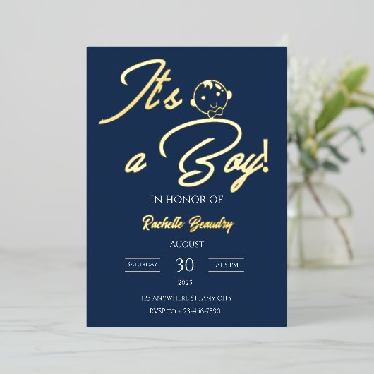 Foil Baby Shower Card – Blue Theme Folieneinladung (Stehend vorne)