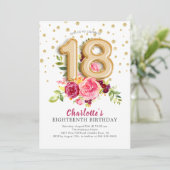 Foil Balloon Floral 18. Geburtstag Einladung (Stehend Vorderseite)