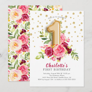 Foil Balloon Floral 1. Geburtstag Einladung