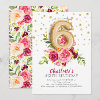 Foil Balloon Floral 6. Geburtstag Einladung