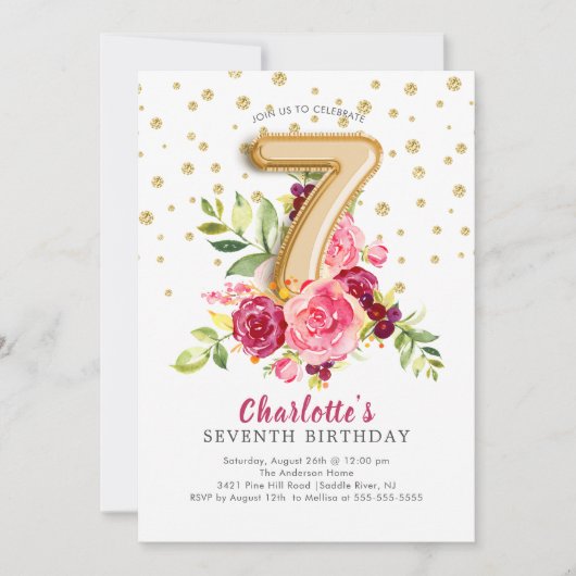 Foil Balloon Floral 7TH Birthday Einladung (Vorderseite)