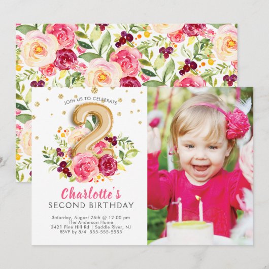 Foil Balloon Foto 2ND Einladung zum Geburtstag (Vorne/Hinten)