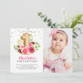 Foil Balloon Foto Einladung zum ersten Geburtstag (Stehend Vorderseite)