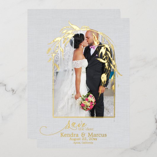 Foil Dusty Blue Eucalyptus Archway YOUR FOTO Folieneinladung (Vorderseite/Rückseite)