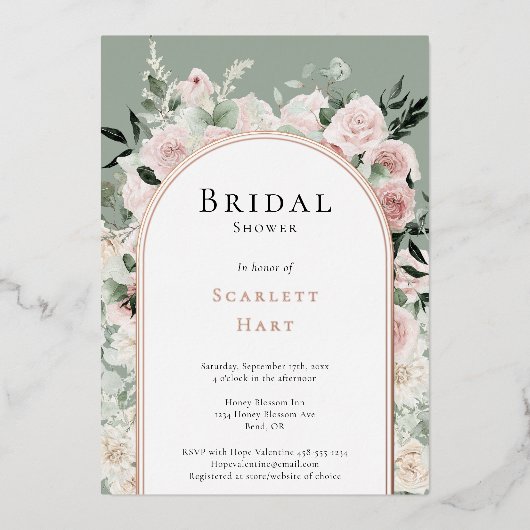 FOIL Dusty Rose Gold Arch Sage Brautparty Folieneinladung (Vorderseite)