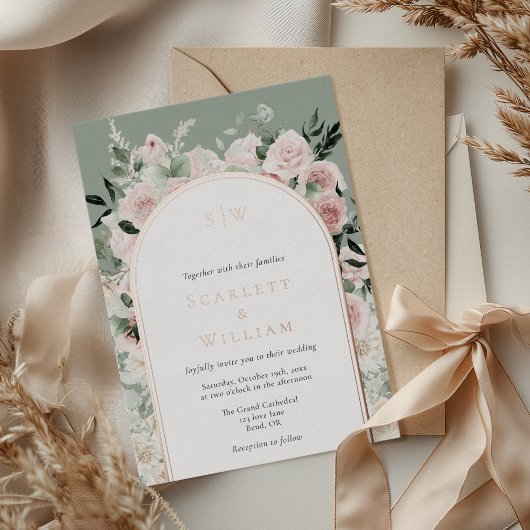 FOIL Dusty Rose Gold Arch Sage Monogram Wedding Folieneinladung