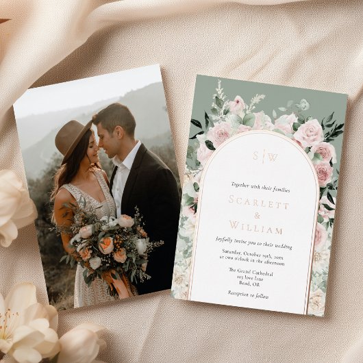 FOIL Dusty Rose Gold Sage Monogram Foto Wedding Folieneinladung