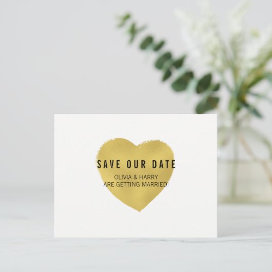 Foil Effect Gold Heart | Save the Date Postkarte (Stehend Vorderseite)