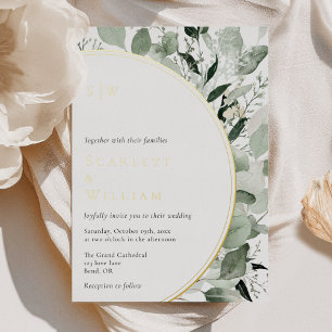 FOIL-Eukalyptus-Grün-Gold-Monogramm-Hochzeit Folieneinladung