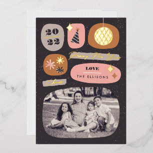 Foil Festive Icons New Year's Holiday Card - Pink Folieneinladung